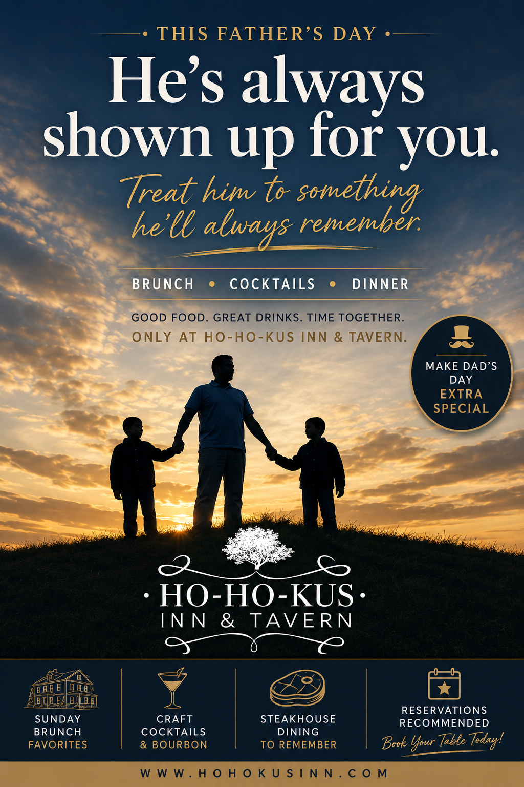 Sunset promotional poster for Ho-Ho-Kus Inn & Tavern showing a father in silhouette holding hands with two children; large headline and a 'Make Dad's Day Extra Special' badge.